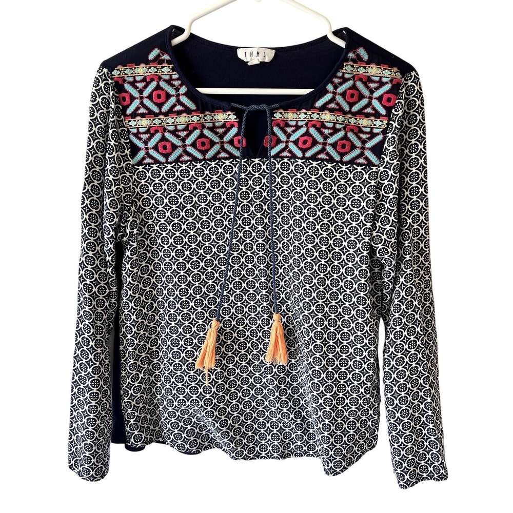 THML Anthropologie Long Sleeved Top Size Small Boho Embroidered Geometric Tassel
